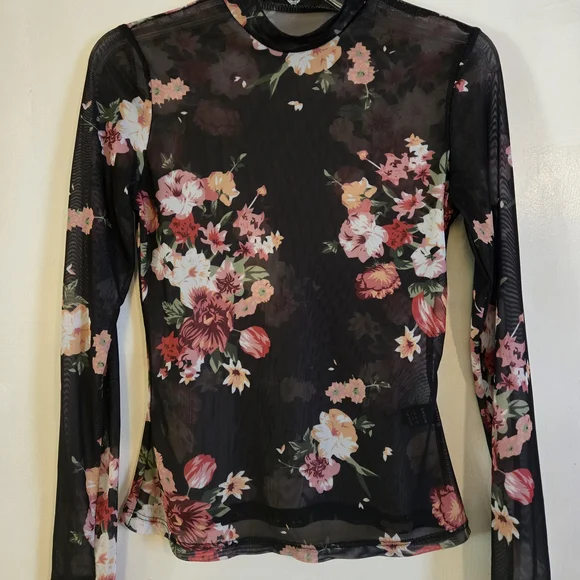 Black Sheer Mesh Floral Long Sleeve Mock Neck Top - Picture 2 of 5